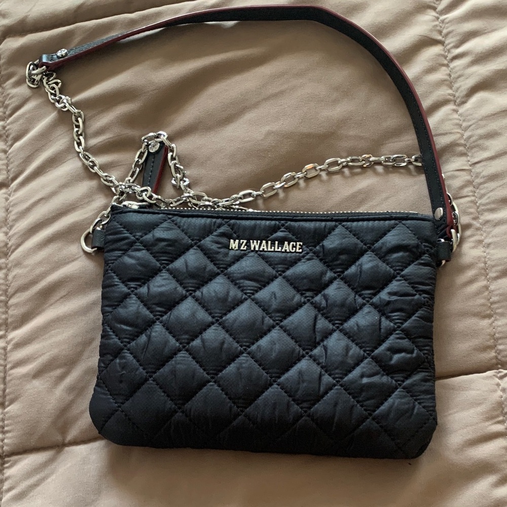 MZ Wallace Black Quilted Crossbody Bag with Silver Chain